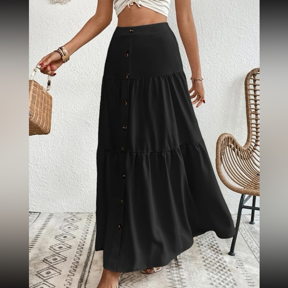 Boho dusty pink button detail ruffle hem maxi skirt - Picture 10 of 16
